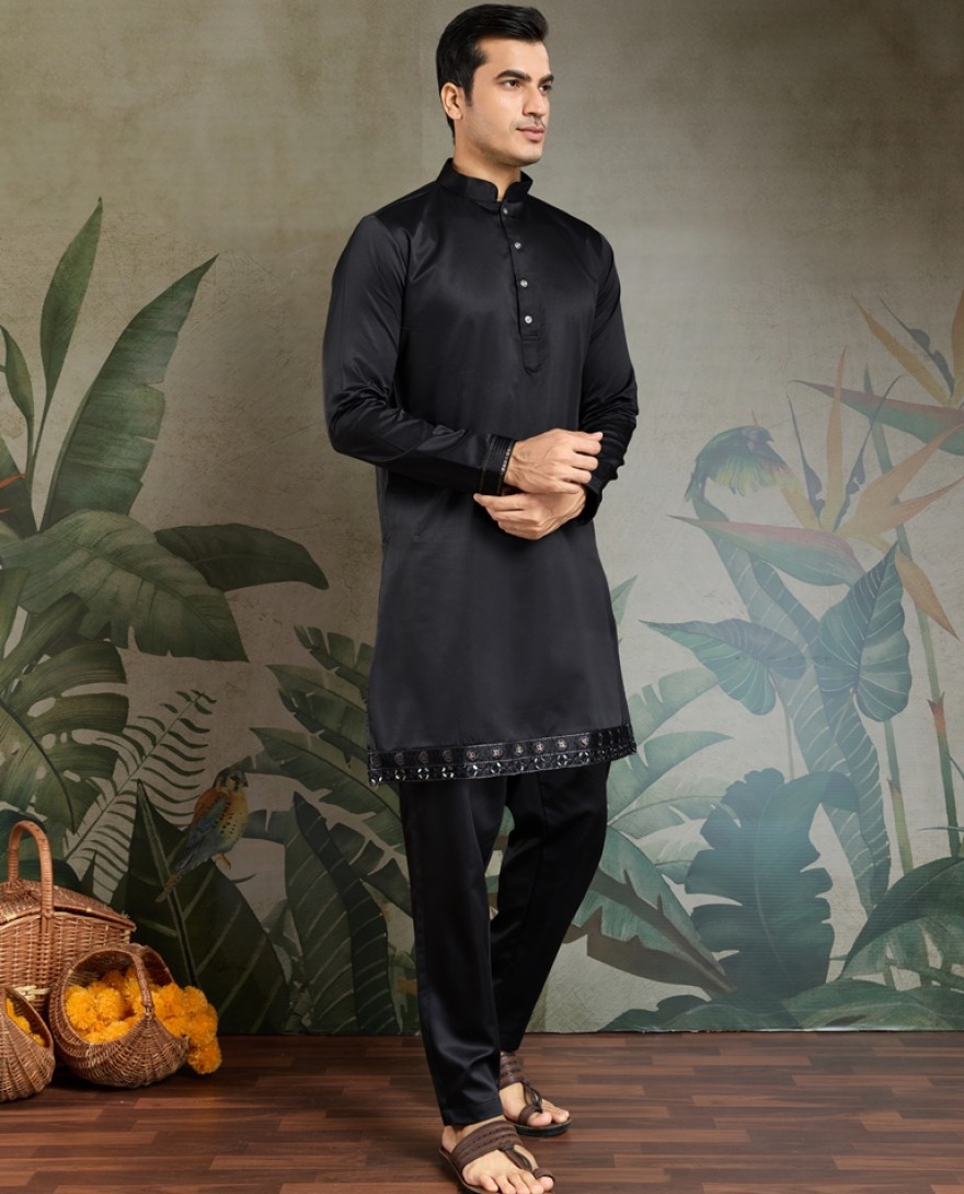 61101-black - Elegant Black Embellished Kurta Set for Men